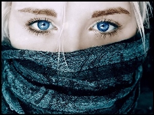Kobieta, Szal, Niebieskie, Oczy
