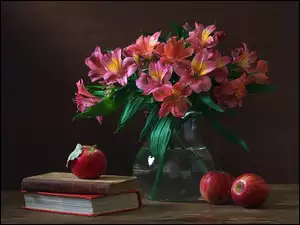 Książki, Bukiet, Kwiatów, Różowych, Jabłka