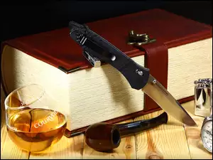 Nóż, Whisky, Księga, Szklaneczka, Fajka