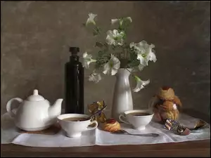 Białe, Herbatka, Kwiaty, Ciasteczka