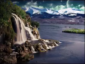 Wodospad, Księżyc, Góry, Woda