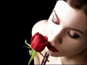 Dziewczyna, Róża, Makijaż, Czerwona