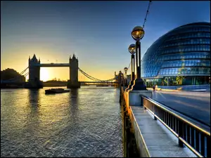 Słońca, Tower Bridge, Londyn, Tamiza, Zachód