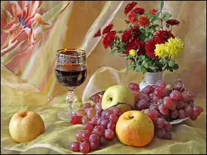Chryzantemy, Wino, Winogrona, Jabłka