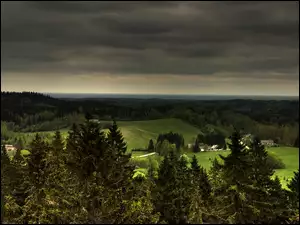 Chmury, Panorama, Łąka, Las, Wieś