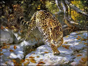 Drzewa, Jaguar, Śnieg, Art