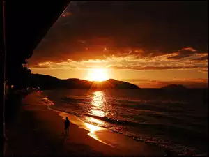 Słońca, Człowiek, Morze, Plaża, Zachód