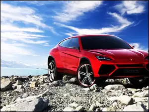 Lamborghini Urus, Rzeka, Niebo, Kamienie, Czerwony
