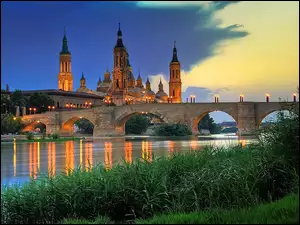 Rzeka, Saragossa, Bazylika Del Pilar, Hiszpania, Most, Zieleń