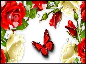 Kwiaty, Art, Róże, Motyl