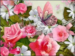 Art, Różowe, Kwiaty, Róże, Motyl