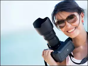 Fotograficzny, Kobieta, Okulary, Uśmiech, Aparat