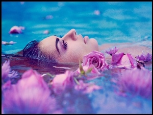 Kobieta, Relaks, Woda, Róże