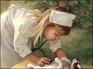 Pielęgniarka, Dziewczyna, Szczeniak, Pies, Stetoskop