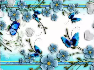 Kwiaty, Abstrakcja, Motyle, Błękitna
