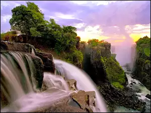 Zambia, Wodospad, Drzewa, Skały, Victoria