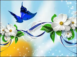 Grafika, Motyl, Kwiatki, Niebieski