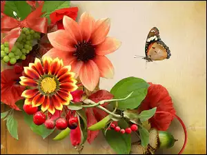 Jesienne, Art, Kwiaty, Motyl