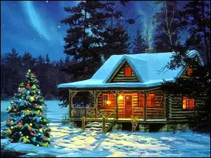 Zima, Narodzenie, Dom, Malarstwo, Choinka, Boże