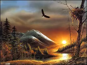 Góry, Terry Avon Redlin, Zachód słońca, Ptaki