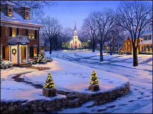 Zima, Narodzenie, Domy, Malarstwo, Ulica, Boże