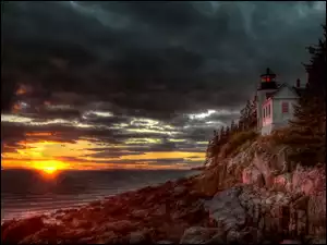 Chmury, Bass Harbor, Latarnia Morska, Maine, Morze, Zachód Słońca