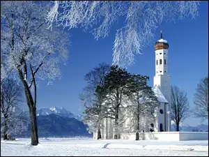 Drzewa, Śnieg, Kościół, Góry