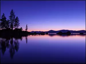 Góry, Tahoe, Jezioro, Kalifornia, Drzewa, Noc