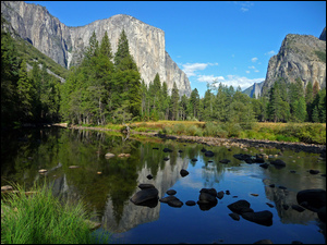 Skaliste, Yosemite, Rzeka, Kalifornia, Góry, Drzewa