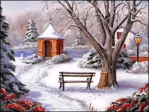 Kapliczka, Zima, Drzewo, Ławka