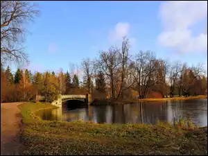 Park, Jesień, Rzeka, Most