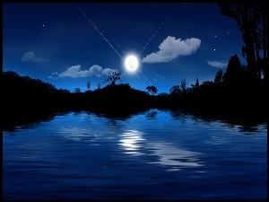 Odbicie, Noc, Księżyc, Jezioro, Gwiazdy