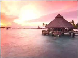 Domek, Malediwy, Morze, Zachód Słońca