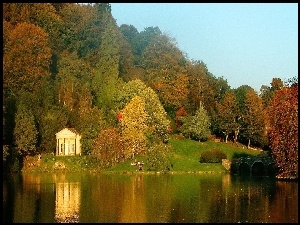 Jesień, Drzewa, Jezioro, Mostek