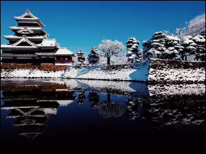 Rzeka, Zima, Budynek, Japonia