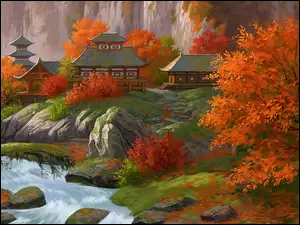 Malarstwo, Japońska, Rzeka, Pagoda, Jesień