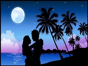 Zakochani, Noc, Morze, Księżyc, Plaża