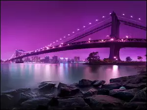 Manhattan, Kamienie, Wiszący, Most, Nowy York, Rzeka, Noc