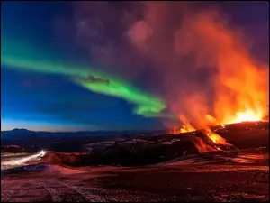 Erupcja, Zorza, Islandia, Polarna, Góry, Wulkanu