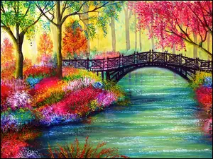 Rzeka, Kwiaty, Most, Drzewa