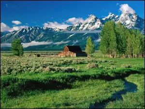 Góry Teton Range, Drewniany, Stan Wyoming, Drzewa, Stany Zjednoczone, Strumyk, Park Narodowy Grand Teton, Budynek