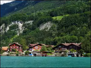Góry, Szwajcaria, Domy, Jezioro