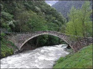 Kamienny, Rzeka, Pireneje, Andora, Mostek, Las, Valira