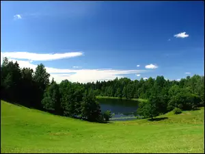 Jezioro, Chmury, Lasy, Łąka