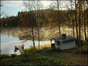 Domek, Pomost, Drzewa, Jesień, Jeziorko