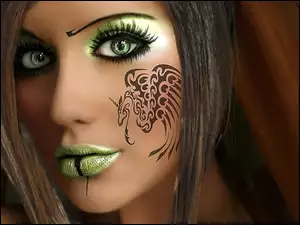Makijaż, Kobieta, Oczy, Zielone, Tatuaż
