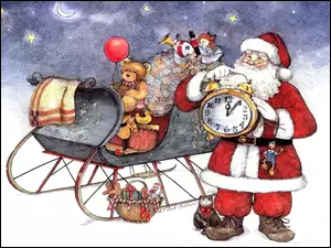 Mikołaj, Boże Narodzenie, Zegar, Sanie
