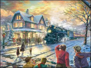 Pociąg, Obraz, Święta, Zima, Dworzec