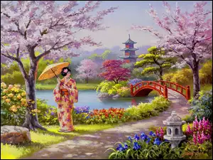 Kobieta, Most, Ogród, Kwiaty, Japonka, Rzeka