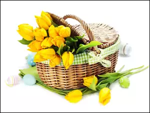 Wielkanoc, Żólte, Koszyk, Tulipany, Jajka